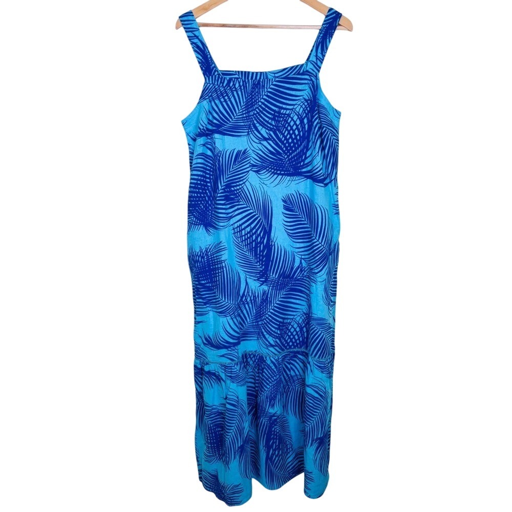 Liz Claiborne Size Med‎ Maxi Linen Blend Dress Blue Palm Print Tropical Resort
